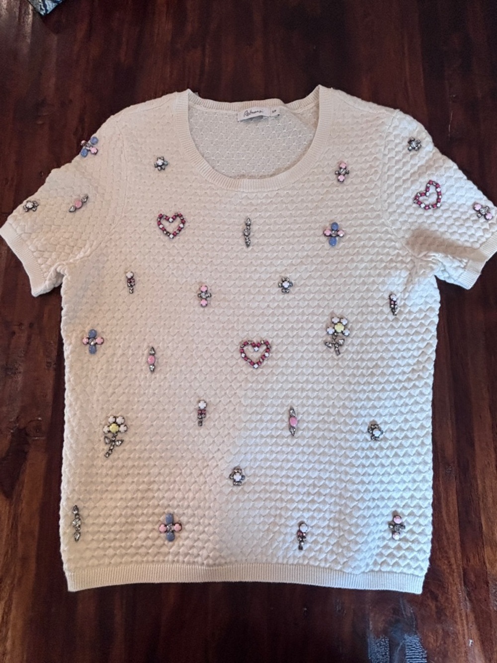 Reitmans Embellished Knit Top Cream Short Sleeve Textured Sweater Beaded